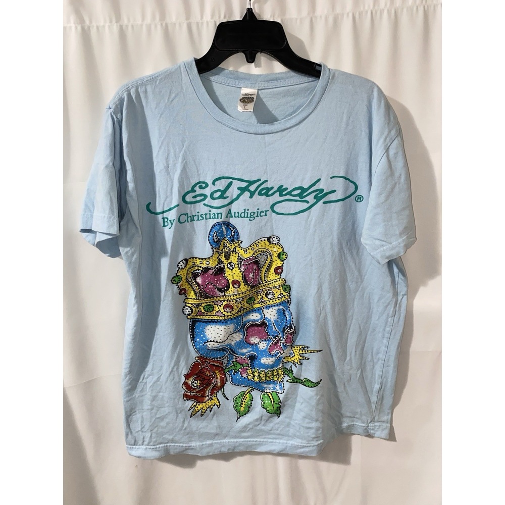 Ed Hardy Christian Audigier‎ King Skull Crown Bling T-Shirt Size Large Vtg Y2K